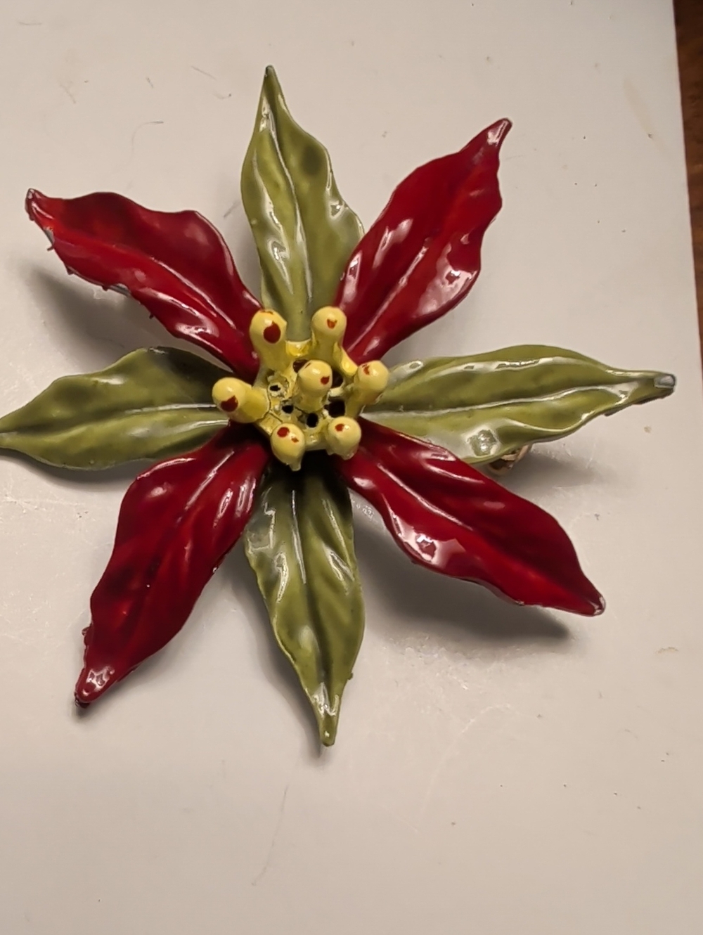 Piscatelli Brooch Pin Poinsettia red enamel 1950 vintage PIM Holiday Christmas
